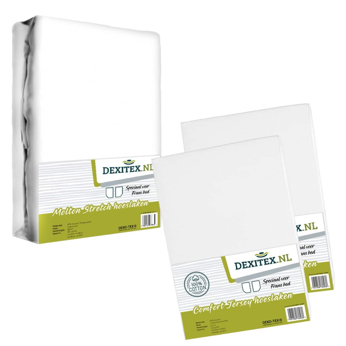 Paquete textil cama francesa - 1 Muletón con 2 sábanas bajeras - lado izquierdo